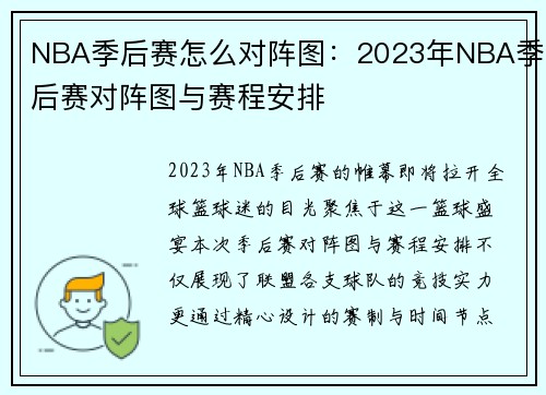 NBA季后赛怎么对阵图：2023年NBA季后赛对阵图与赛程安排