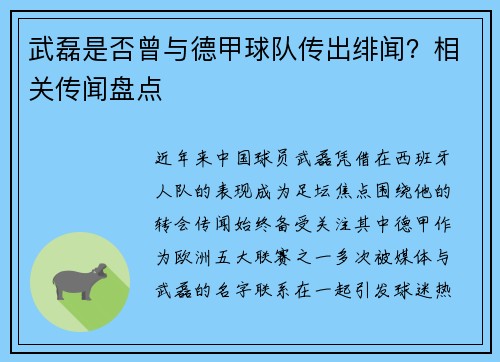 武磊是否曾与德甲球队传出绯闻？相关传闻盘点